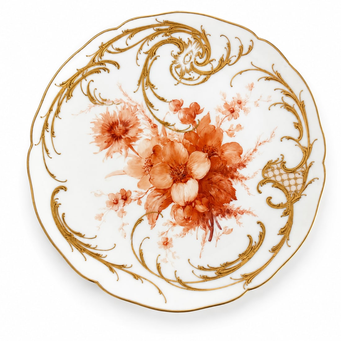 Antique KPM Red Flower soft painting plate: Flower plate, KPM Berlin, year letter for 1912, 1st choice, red imperial apple mark, soft painting with flowers, verso marked, rim with rocaille in relief, mat gilded, 8 3/4"Excellent condition, no ch