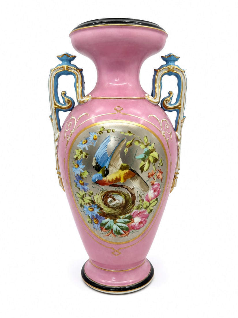 Antique Old Paris Porcelain Hand Painted Vase Platinum: A LARGE FRENCH PORCELAIN PiINK AND PLATINUM-GROUND VASECIRCA 1880, of baluster form, finely painted with a view of exotic birds perched in a nest, 20 1/4 in.
