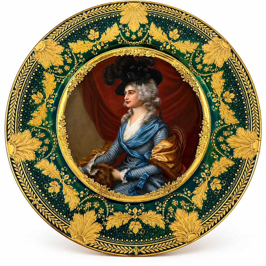 ANTIQUE ROYAL VIENNA HAND PAINTED PORTRAIT PLATE: Late 19th Century, underglaze Beehive mark and impressed Hutschenreuther maker's mark Titled Mrs. Siddons and signed Wagner Finely painted portrait, on a raised gilt detailed border. Diameter: 9 1/2" 