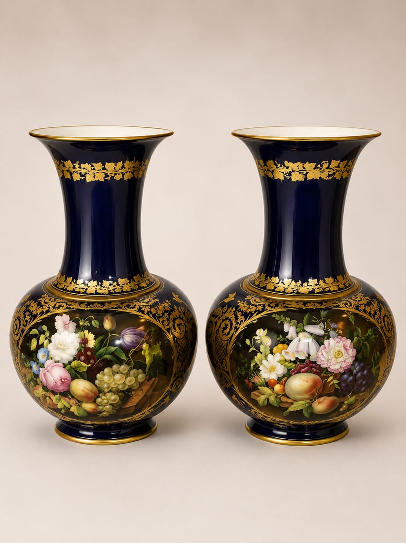 Old paris pair of darte vases: A Pair of Paris Porcelain Handpainted Floor Vases Bearing L. Rihouet labels, 19th centuryEach bearing labels to underside: 'L. RIHOUET,/Fabt. de Porcelaines/et Cristeaux, Fouruisseuo du Roi./Rue de la