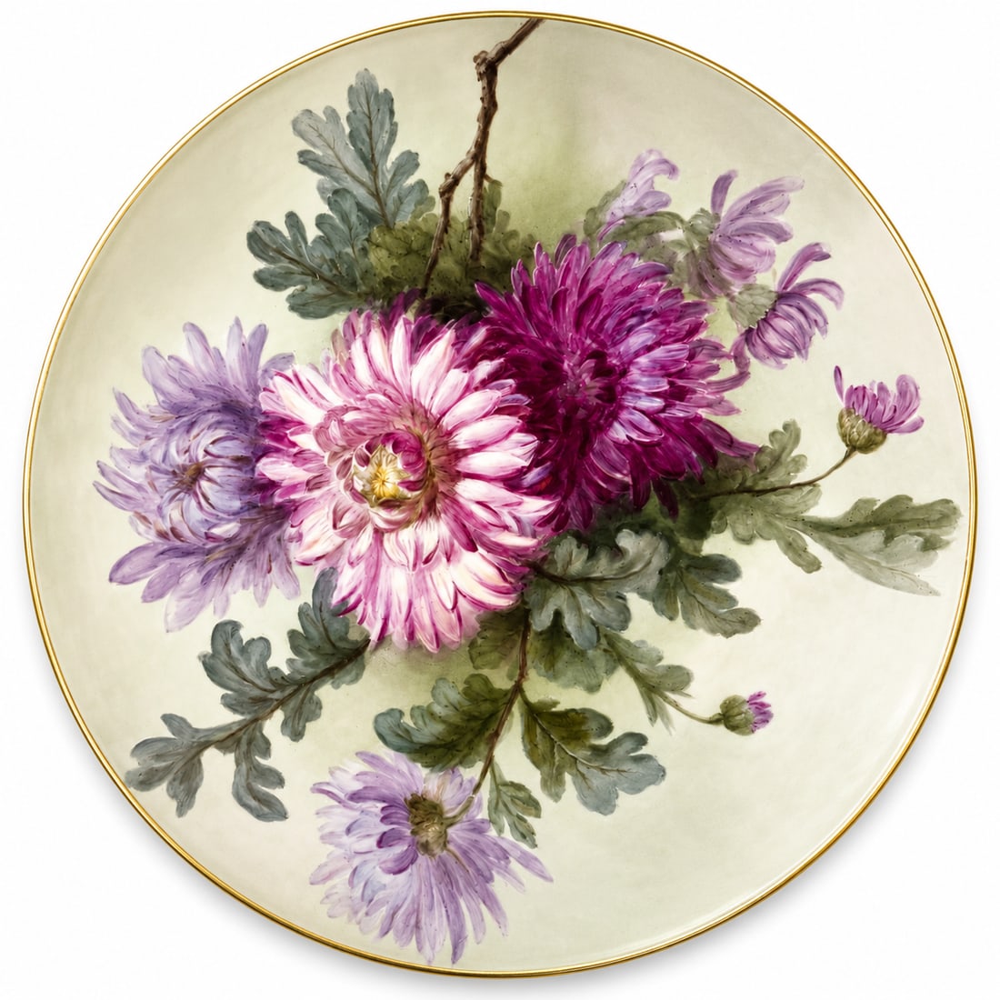 Antique KPM porcelain flower charger: BERLIN (KPM) PORCELAIN CHARGER circa 1890, blue sceptre mark, impressed U and cypher, painted flowers, in the Neo-Rococo taste, finely painted flowers, h: 14 in. w