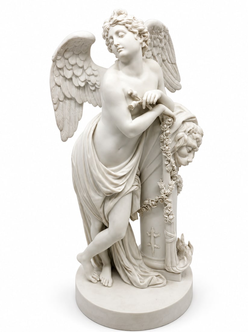 rare Meissen allegorical porcelain figure “Sleep"; modeled by Christian Gottfried Juchtzer: DescriptionAlso titled “The Bliss of Sleep.” Raised circular base. A winged youth stands with legs crossed, leaning against a fragment of a column draped with a lion skin and cloth. His head i