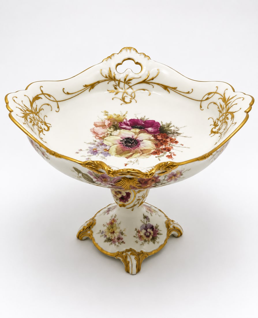 BERLIN (KPM) PORCELAIN IVORY-GROUND WEICHMALEREI FOOTED CENTERPIECE BOWL: BERLIN (KPM) PORCELAIN IVORY-GROUND ?WEICHMALEREI? RETICULATED FOOTED CENTERPIECE BOWL circa 1900, blue sceptre and iron-red orb marks, impressed U and cypher, painted script er., in the Neo-Rococo Ju