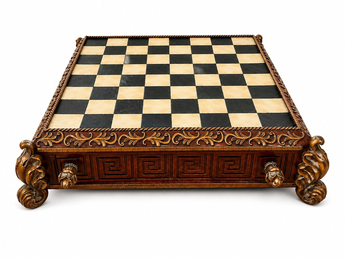 Large Chinese Hand-Carved Figural Chess Set: Large Chinese Hand-Carved Figural Chess Set, 22 x 22 InchesImpressive Chinese hand-carved figural chess set, featuring an elaborate ensemble of individually carved chess pieces arranged upon a substan