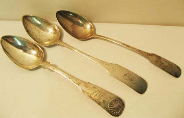 3 coin Silver Serving Spoons: 3 coin Silver Serving Spoons: Robert Wilson NYC 1805, Phil. 1814-1846; Christopher Giffing, NY 1815-1835; Flagg & Chapin, Hadley Co, MA, 1830-1840