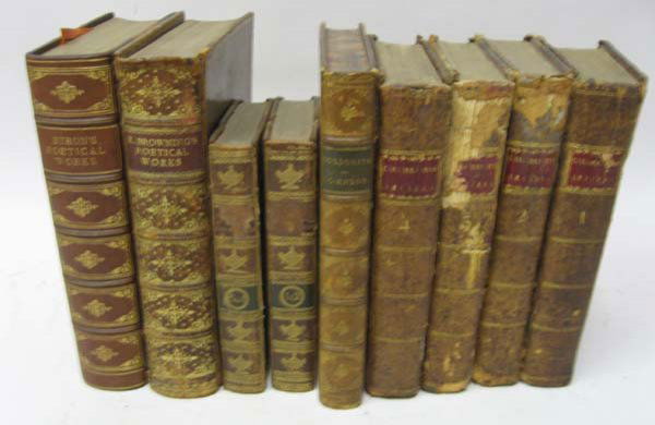9 Books: The Poetical Works of Lord Byron, London, 1912; The Poetical Works of Robert Browning, Edinburgh, 1904 (the Edina Edition- torn binding_; The Connoisseur by Mr. Town, vols. 1 & 3, London, 1793 (torn b