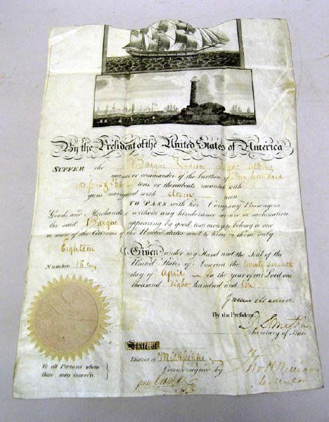 An 1810 James Madison Ship's Passport, Number 18: An 1810 James Madison Ship's Passport, Number 18 issued to the Barque "Gidion", Isaac Athins, Captain, dated April 27th, 1810 and signed by President James Madison, Secretary of State Robert Smith, an