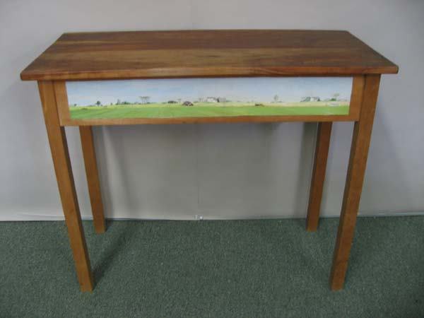 Roy McMakin side table w/ four painted scenes: Roy McMakin side table w/ four painted scenes 30" H, 36" W, 16" D.