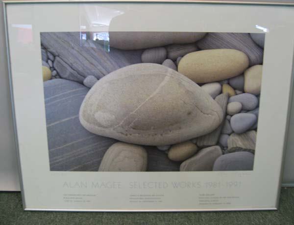 Alan Magee lithographic poster "Alan Magee: Alan Magee lithographic poster "Alan Magee: selected works 1981-1991" 102/500. (Farnsworth Art Museum). Pencil signed lower right. Framed. 24 1/2" H, 31" W.