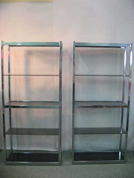 665a Pair Glass And Chrome Bookshelves