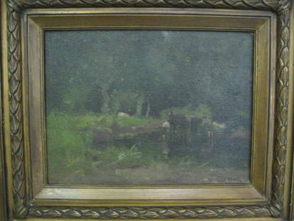 A Gustave Wolff Painting,: oil on canvas, laid down on board, signed lower right Gustave Wolff (Germany, United States, 1863-1935), of horses standing in a shady stream. Gilt framed, 12" high, 16" wide. In need of minor