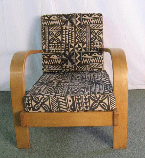 Russel Wright Maple Armchair w/ patterned cushion: unsigned.