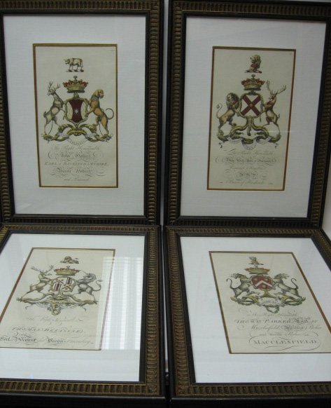 Set of 4 English Heraldry Handcolored Engravings
