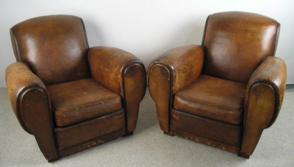 Pr. French Leather Club Chairs, c. 1920