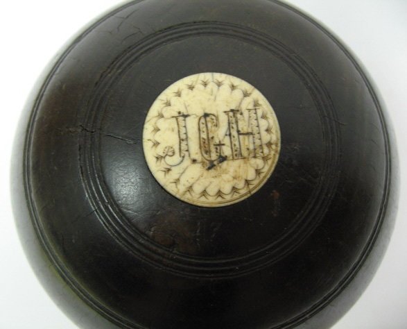 Lawn Bowling Ball with Ivory Inserts, on Stand, - 2