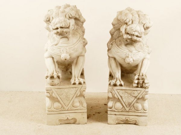 A Pair of Marble Foo Lions, the male and female, r