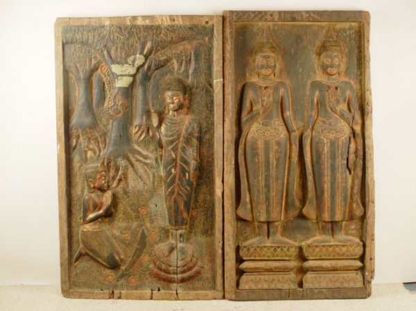 A Pair of Early Asian Carved Wood Panels, Thai or 
