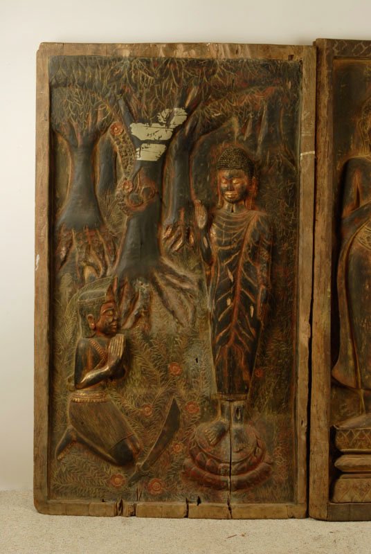 A Pair of Early Asian Carved Wood Panels, Thai or  - 4