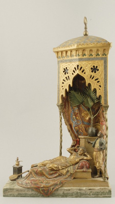 A Vienna Bronze Lamp, of a lady reclining in her h - 4