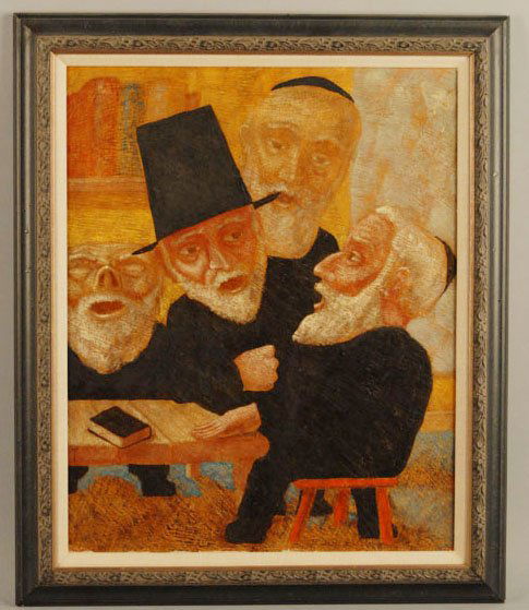 A Meyer Lieberman Painting, an oil on Masonite, "H: an oil on Masonite, "Harmony-A Hasidic Debate", signed verso, Meyer F. Lieberman (Meyer Frank Liebermann, New York, b. 1923, studied with Reginald Marsh and Andrew Stasik, exhibited extensively in New