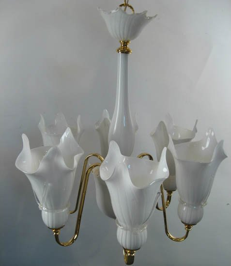 Murano White Glass and Brass Chandelier
