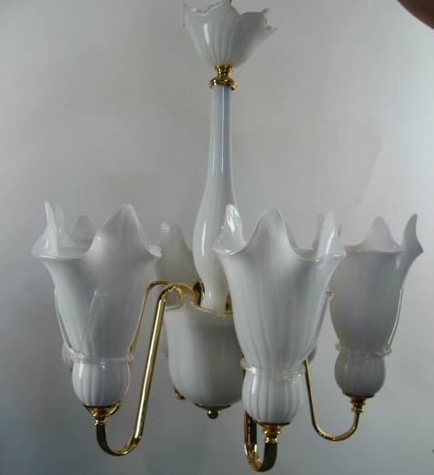 Murano White Glass and Brass Chandelier - 2