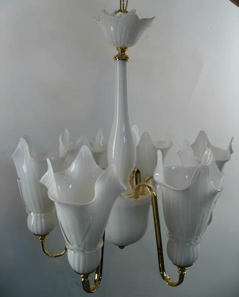 Murano White Glass and Brass Chandelier - 4