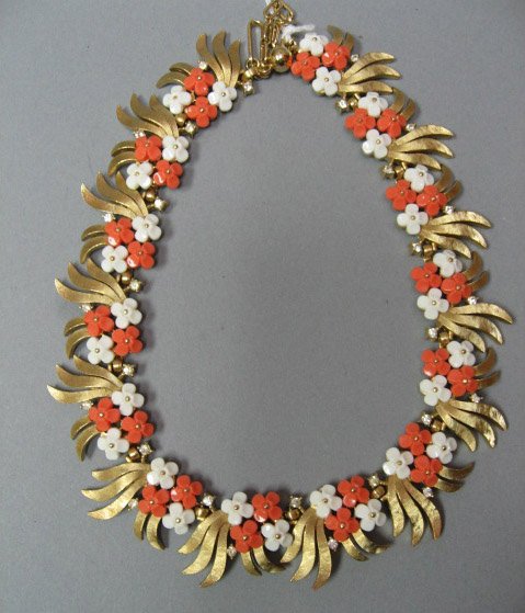 Floral Faux Coral and Gold Metal Necklace