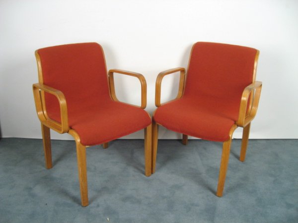 Pr. Bill Stephens for Knoll Chairs: orange upholstery, teak frames, paper Knoll labels.