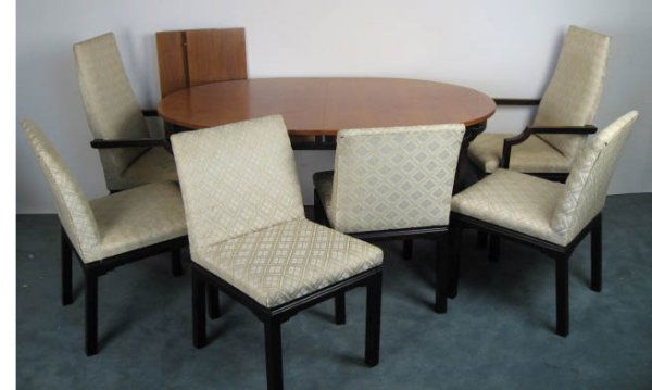 Table and Six Chairs: Chinese motif, walnut top table with bamboo skirt, two leaves and six upholstery chairs including two arm and four side. No signature.