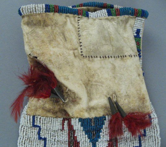 Sioux Tobacco Bag, beaded w/ feathers & leather - 2