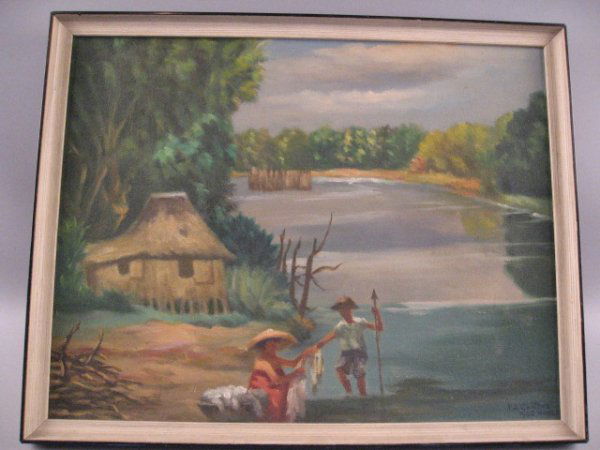 A P. A. Centeno Painting,: an oil on canvas of a fisherman and his wife, signed lower right P. A. Centeno, Manila. Framed, 14" high, 18" wide.