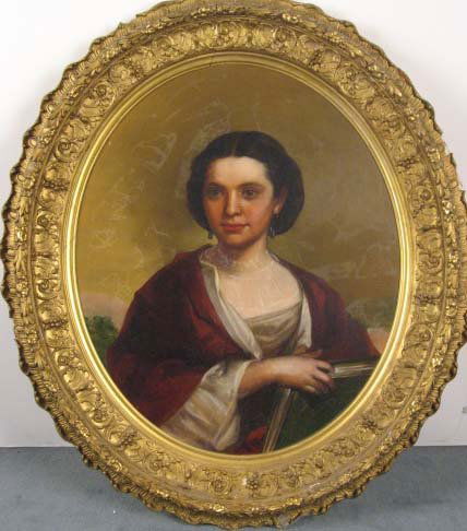 A Portrait of Katherine Cabot,: an oil on canvas laid down, unsigned but possibly painted by John Gadsby Chapman, Chester Harding, or George Caleb Bingham. Oval gilt framed, 30 high, 25" wide. Restored. Provenance: Estate of Jane Mc
