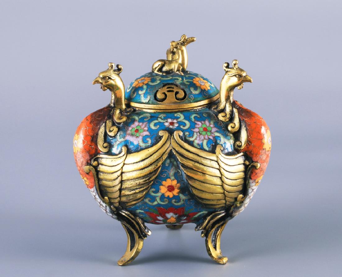 CLOISONNE GILDING GOLD TRIPODIA CENSER: Cloisonne gilding gold tripodia censer: Height 21.5cm, Diameter 18.5cm, Caliber 9cm, Weight 2139g