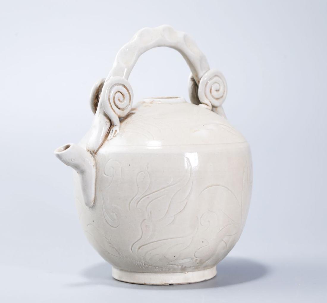 DING KILN WHITE GLAZED LOOPHANDLED TEAPOT CARVED WITH