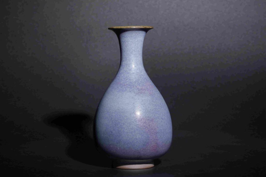 JUN KILN SKYBLUE GLAZED YUHUCHUN VASE WITH PURPLE SPOT: Jun kiln skyblue glazed vase with purple spot: Height: 15cm, Caliber: 5cm, Belly width: 8.5cm