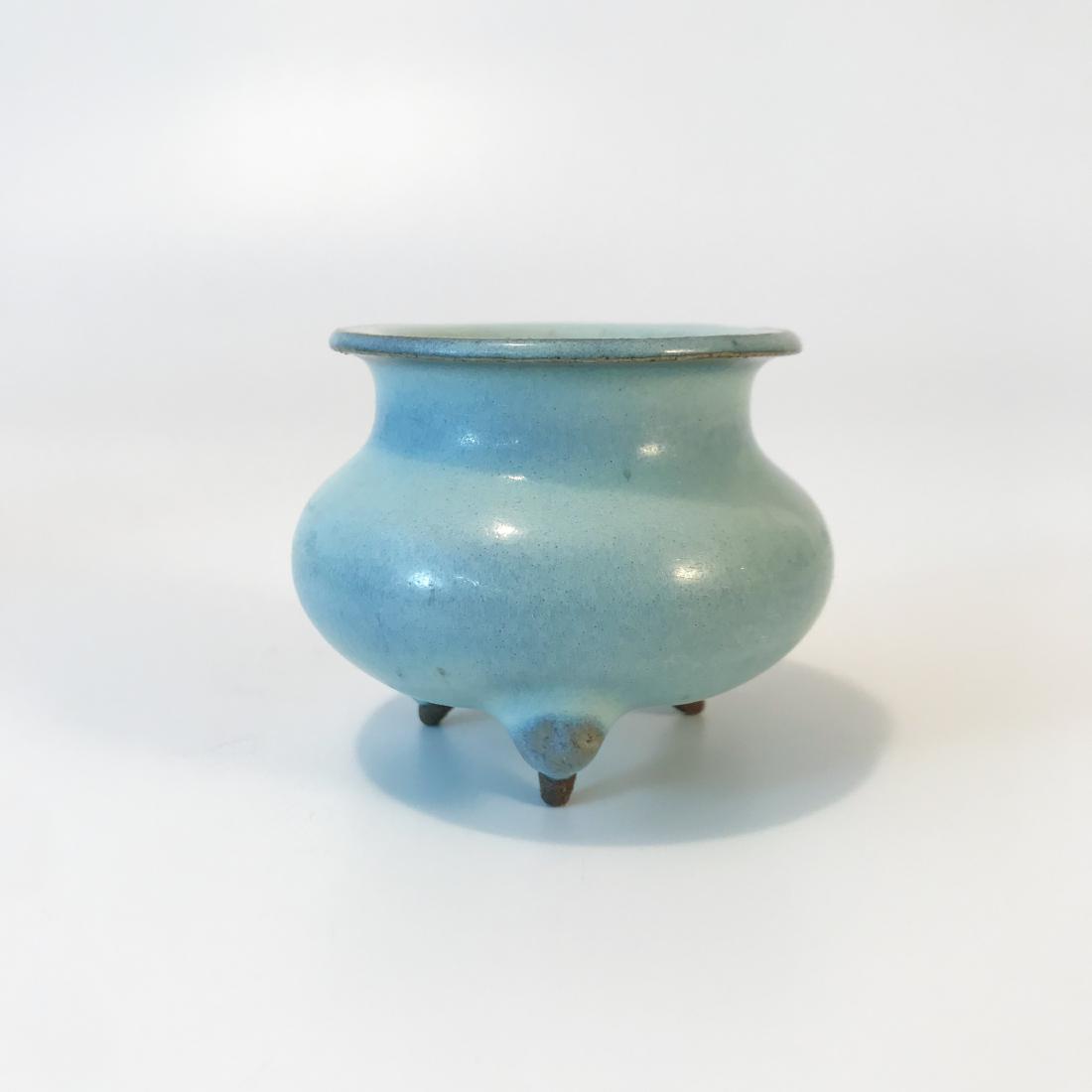JUN KILN GREEN GLAZE THREE LEGGED CENSER: Jun kiln green glaze three legged censer. Height: 5.7cm Diameter: 6.1cm Width: 7.2cm