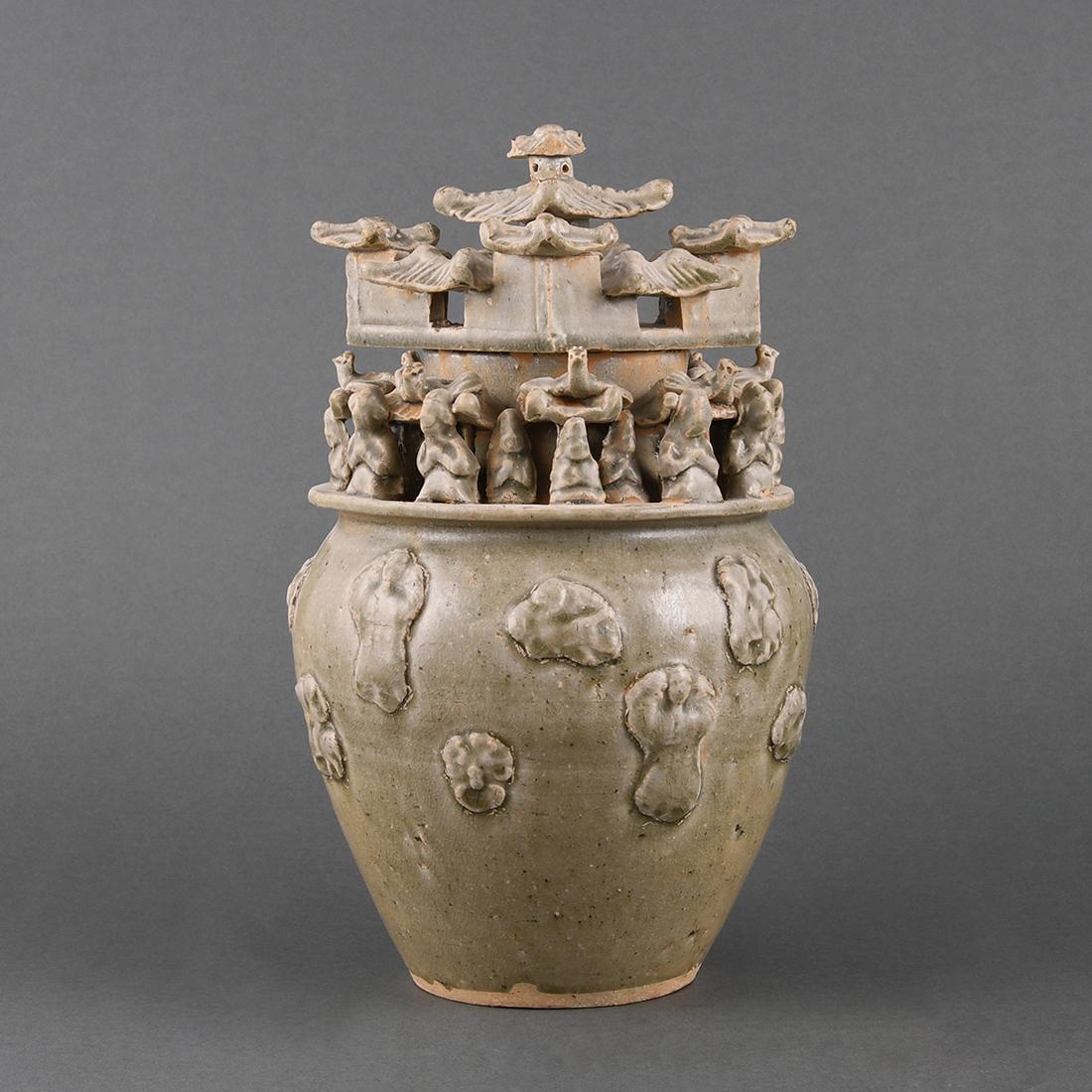 A LARGE 'YUE' CELADON-GLAZED FUNERARY JAR (1 of 9)