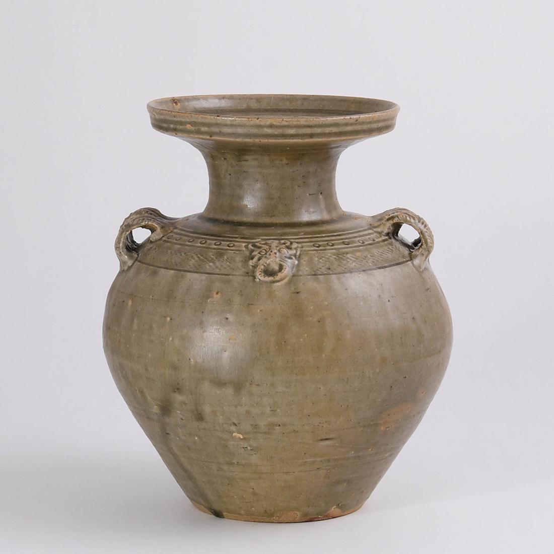 AN EARLY 'YUE' 'LION-MASK' LOOPS VASE: AN EARLY 'YUE' 'LION-MASK' LOOPS VASE SIZE:H:23.9cm,W:20.8cm,Diam.of mouth:14.8cm