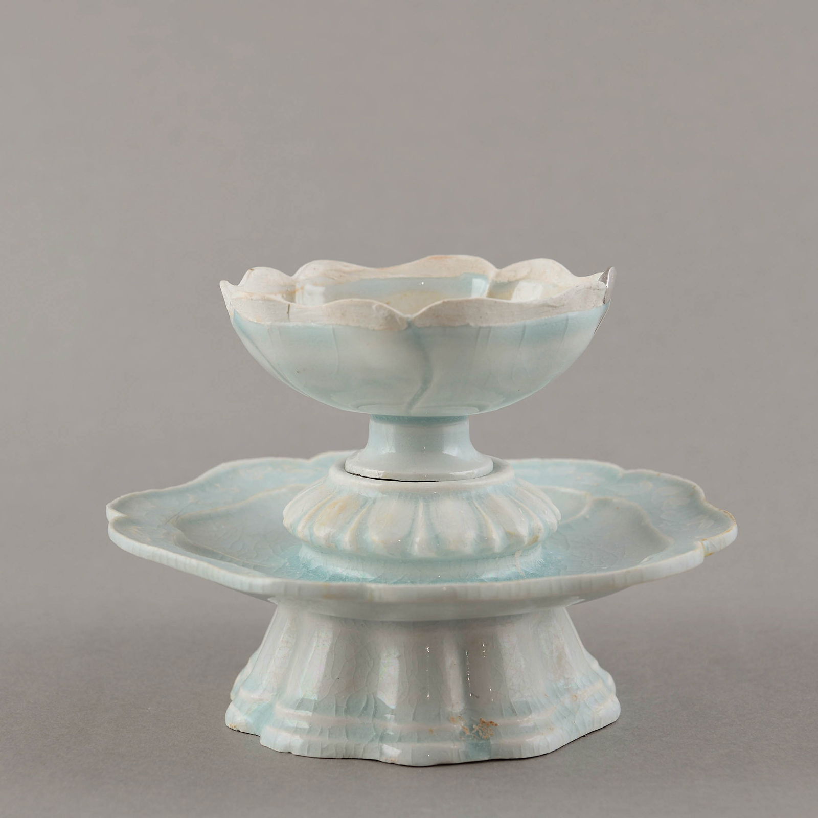 A FINE QINGBAI FLORAL RIM CUP AND STAND, KINTSUGI REPAIRED (1 of 9)