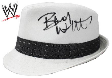 "WWE" - Bray Wyatt signed 'signature' white Fedora Hat: 100% In-Person! The signature hat for "WWE" star (and signed by): Bray Wyatt (logo in image is for display purposes only). Dimensions: 11" x 8 1/2" Artist or Maker: Bray Wyatt Medium: Fedora Hat 