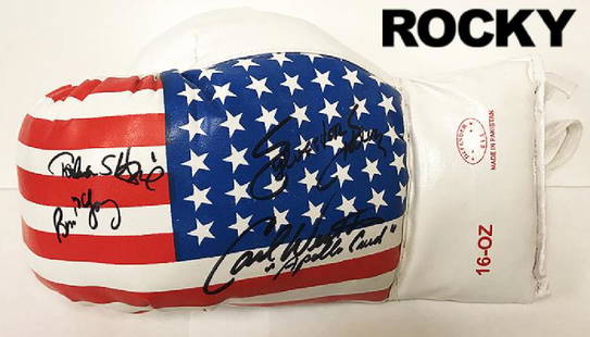 "ROCKY" - Cast signed classic American Flag boxing: 100% In-Person! Fantastic piece!! Signed 16 oz. 'American Flag' boxing glove by the main cast of one of the most inspirational 'Underdog' movies ever made! Glove is signed by Sylvester Stallone (Rare