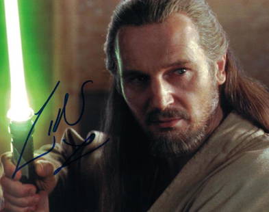 "STAR WARS: The Phantom Menace" Liam Neeson Signed 8x10: Description: 100% In-Person. Fantastic signed close-up action photo with lightsaber as 'Qui-Gon Jinn' from "Star Wars: The Phantom Menace". Notoriously difficult signer on "Star Wars" items! 