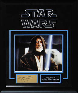 "STAR WARS: A New Hope" RARE Alec Guinness signature!!: Description: Rare, original autograph book signature with salutation by acting legend Alec Guinness. Custom matted and framed with classic close-up 8x10 photo as 'Obi-Wan Kenobi' in our popular "Star