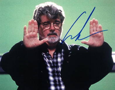 "STAR WARS: The Phantom Menace" - Creator George Lucas: Description: 100% In-Person. Great signed early 'Green Screen' behind-the-scenes color 8x10 photo by the man who started it all - George Lucas. Dimensions: 8" x 10" Artist or Maker: George