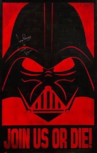 "STAR WARS-DARTH VADER" Dave Prowse "Join Us Or Die": Description: 100% In-Person. Very Cool signed "Empire Recruitment" poster featuring 'Darth Vader' and titled "Join Us or Die"! Hand-signed by the original 'Vader' - Dave Prowse. Dimensions: 24" x 36"