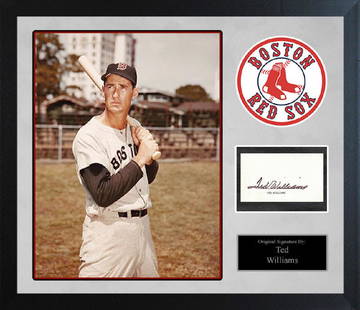 "BOSTON RED SOX" - Ted Williams Original Custom Framed: 100% In-Person! Original Signature by Ted Williams (Aug. 30, 1918 - July 5, 2002). One of the All-Time Greatest Hitters, a 19x All-Star and 2x AL MVP. And of course, a Hall-of-Famer! Custom framed in