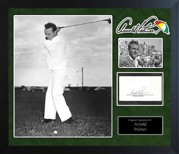 ARNOLD PALMER - Golf Legend Original Custom Framed: 100% In-Person! Original index card Signature by Golf Legend (Sept. 10, 1929 - Sept. 25, 2016) Arnold Palmer. Nicknamed 'The King', Palmer took 'The Masters' 4 times - inducted into the Golf