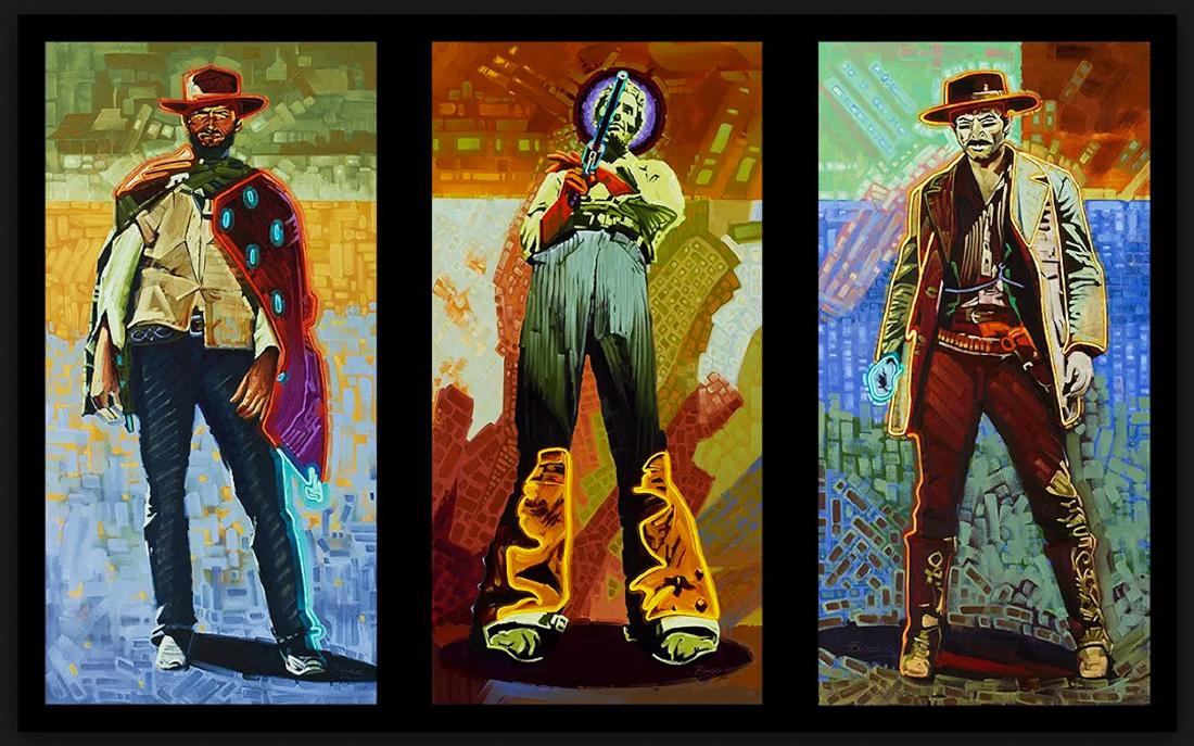 MICHAEL BLESSING - "The Good, the Bad & the Ugly" LE: This is Awesome!! Noted Artist Michael Blessing's take on the Western classic "The Good, the Bad & the Ugly" titled 'Neon Gunslingers'. Limited Edition (#15/75) lithograph on canvas. Fantastic use
