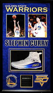 STEPH CURRY "Warriors" signed "SC" Under Armour shoe: 100% In-Person. NBA and "Warriors" Superstar Steph Curry signed authentic, Curry-model 'Under Armour' basketball shoe. White shoe with a bold signature in black that stands out nice and bold! Custom